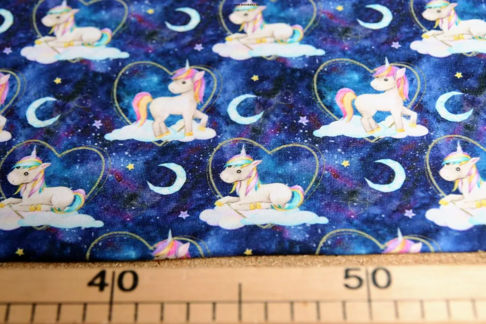 Teplákovina potisk jednorožci s duhou na jeansové
