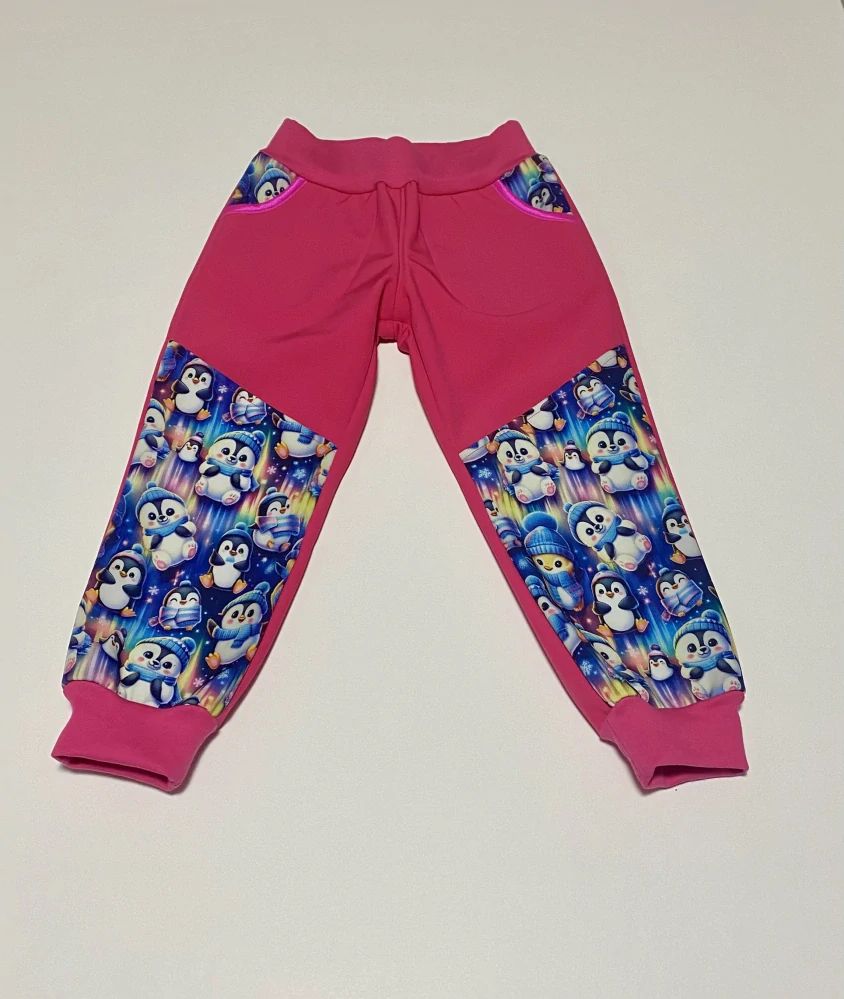 Dětské Softshellové kalhoty vel.104- růžové s tučnáky 