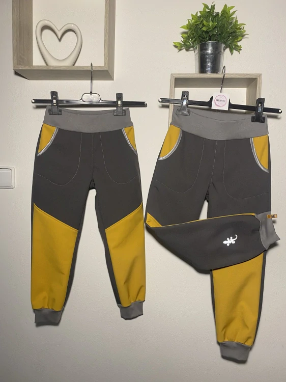 Dětské Softshellové kalhoty vel.116-, šedé s hořčicovou barvou
