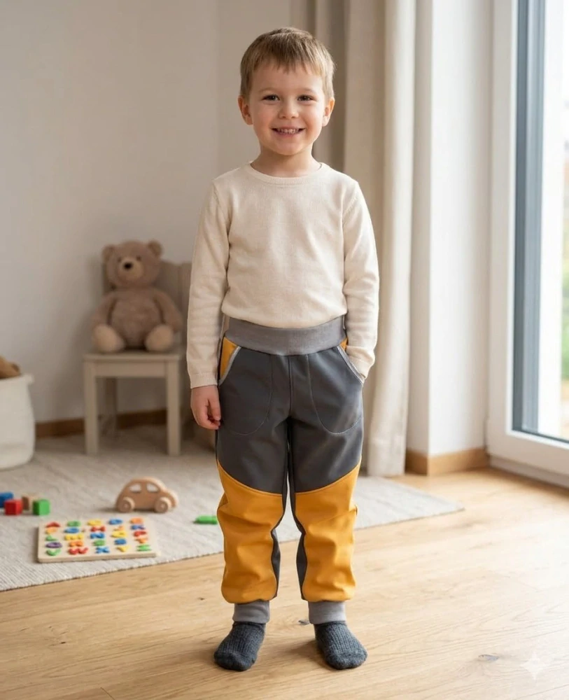 Dětské Softshellové kalhoty vel.110-, šedé s hořčicovou barvou