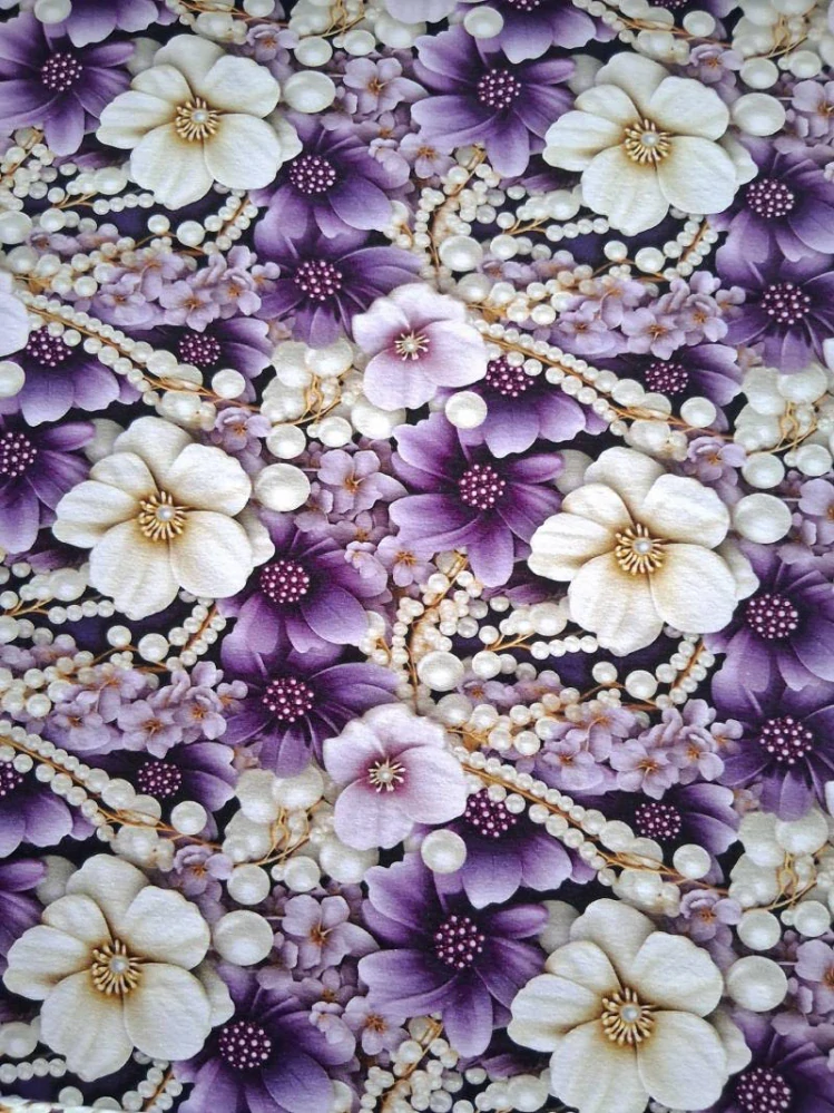 Teplákovina s potiskem květiny a perly na fialové