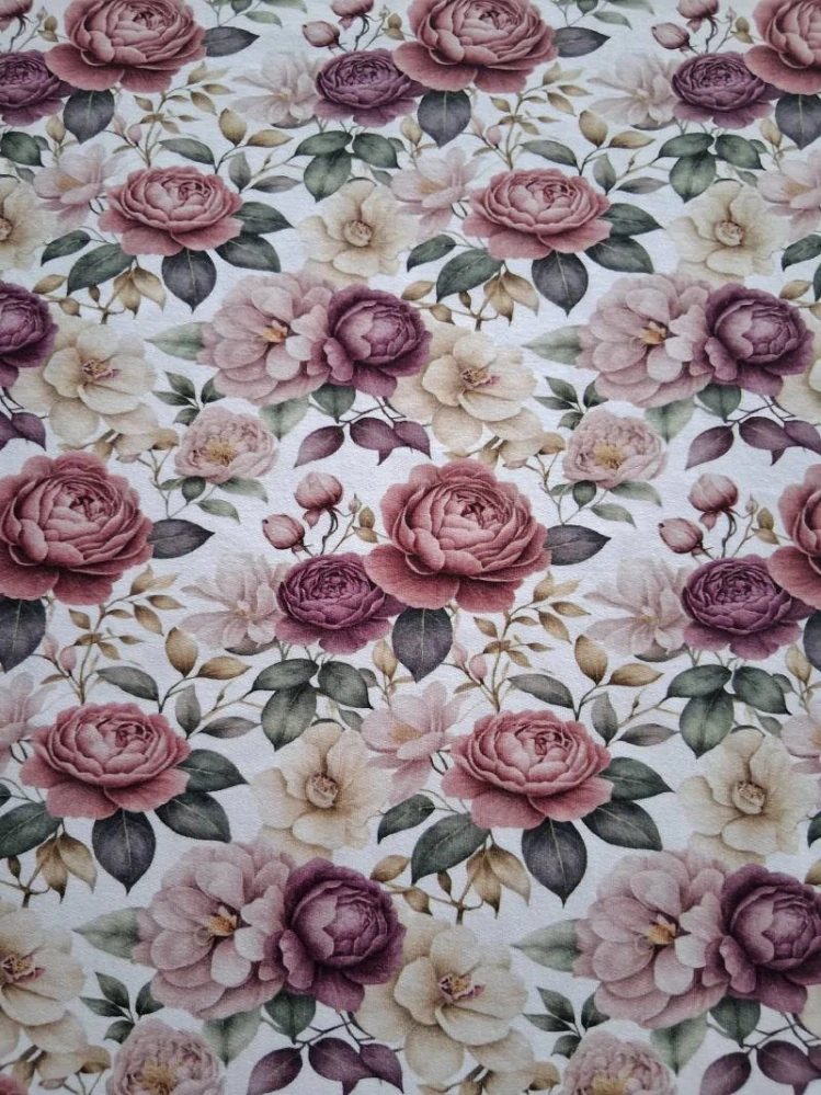 Teplákovina s rotačním tiskem – Vintage růže na bílém podkladu