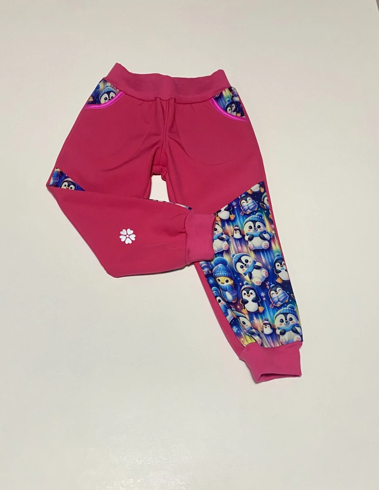 Dětské Softshellové kalhoty vel.104- růžové s tučnáky 