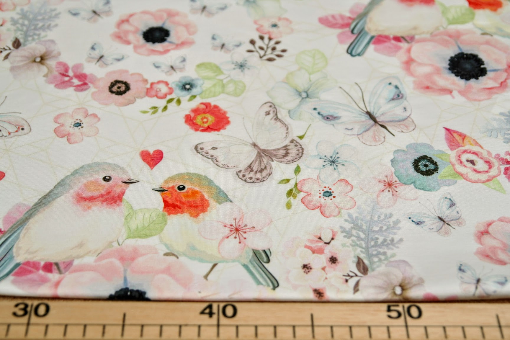 Teplákovina metráž ptáček červenka s růžíčkou na světlé