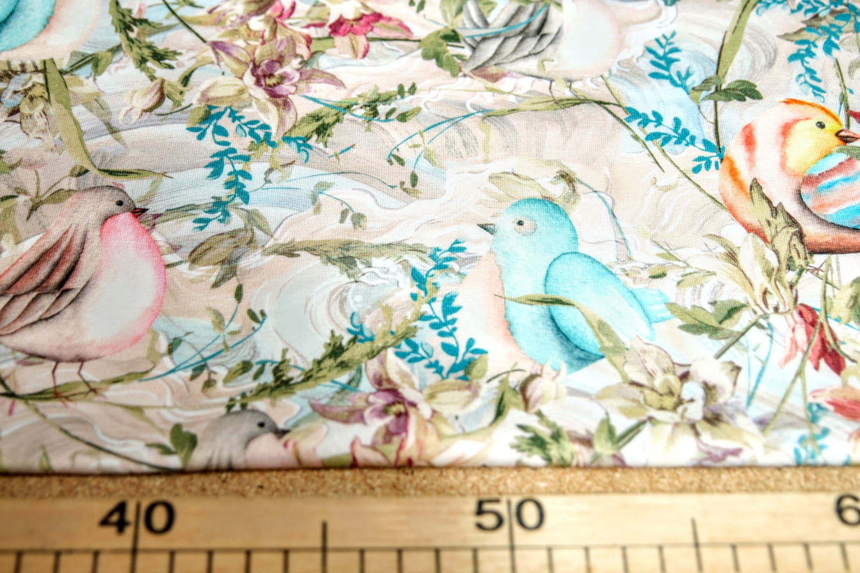 Teplákovina potisk ptáček v květinách