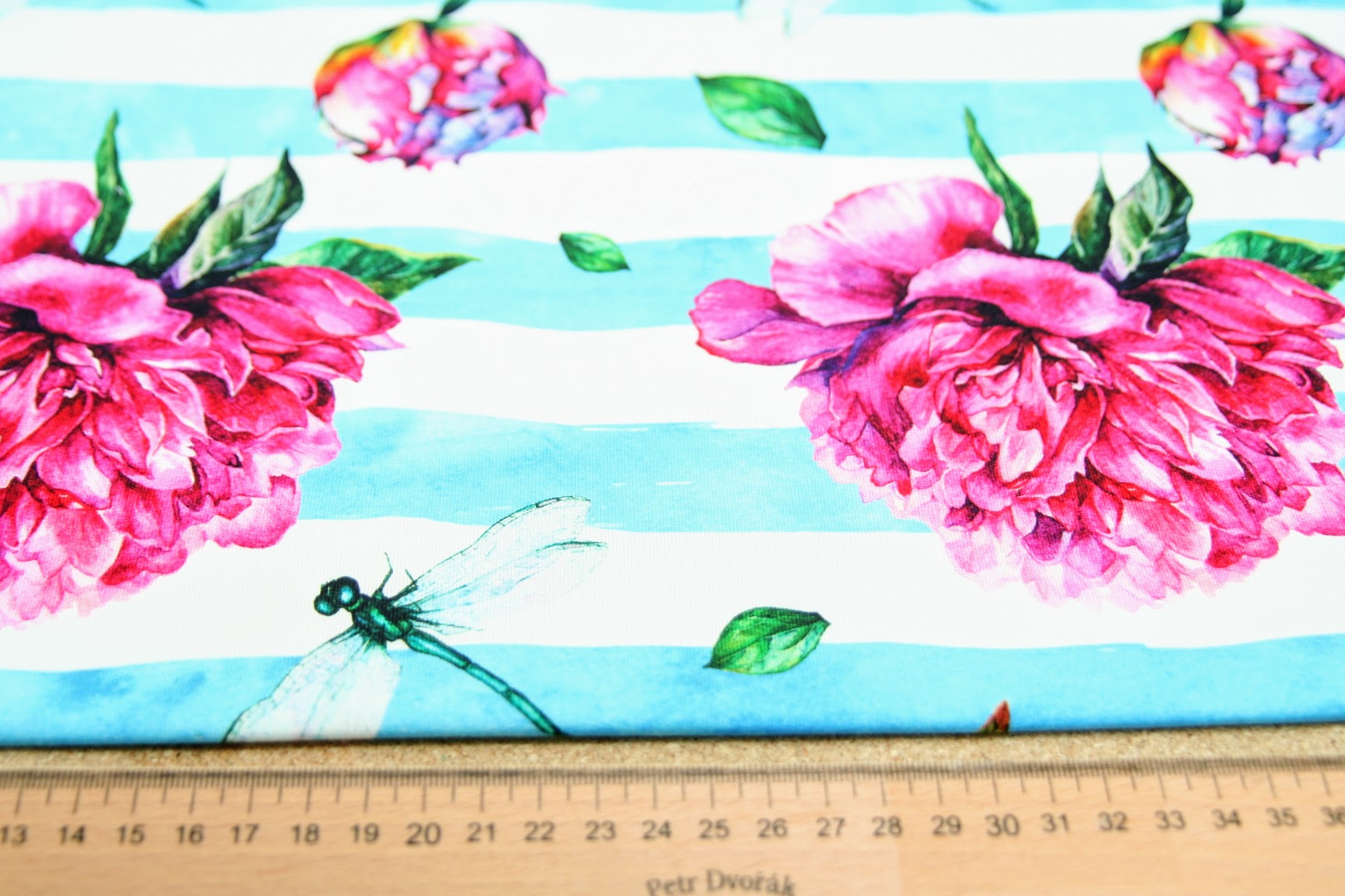 Teplákovina pivoňky na modrých proužkách- ZBYTEK