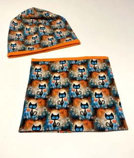 Set čepice a nákrčníku s motivem zamil. kočky, oranžový podklad, vel 50