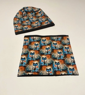 Set čepice a nákrčníku kočky, černý podklad vel 50