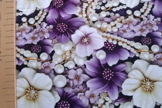 Teplákovina s potiskem květiny a perly na fialové